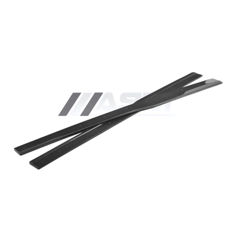 Angle view of VW Golf R MK7.5 carbon fibre side skirts gloss-finish rocker extensions with OEM fitment