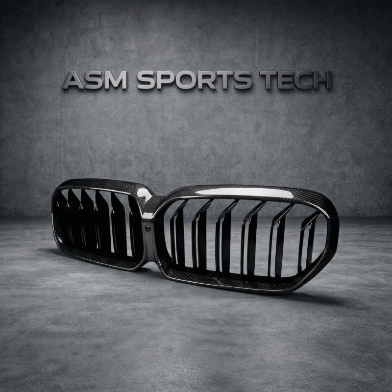 product view of a carbon fibre front grille for a bmw f90 m5 and g30 5 series