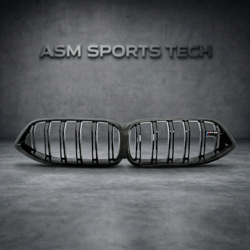 product view of a carbon fibre kidney grille compatible with a bmw m8-F91-F92-F93