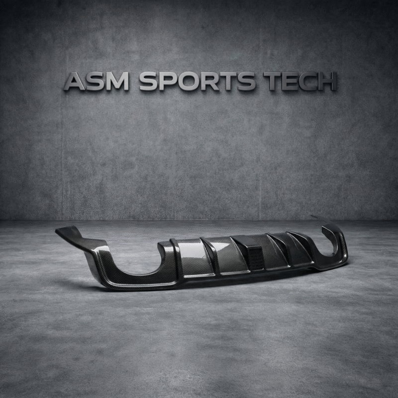 Side angle of Audi RS3 8V carbon fibre rear bumper diffuser showing aerodynamic fins and sculpted design