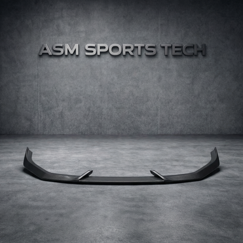 Audi RS3 8V Saloon carbon fibre front splitter viewed at an angle, showcasing its sharp contours and aerodynamic design