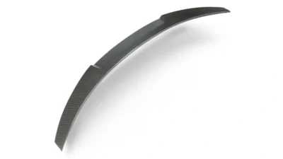 Angled View Of V Style Carbon Fibre Spoiler For Bmw G80 M3 And G20 3 Series, Highlighting Aerodynamic Curve And Surface Finish