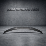 Curved angle of BMW G80/G20 CS Style rear spoiler in carbon fibre, showing V-kick and contoured design