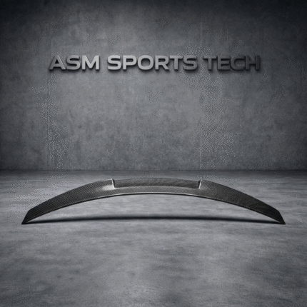 Curved angle of BMW G80/G20 CS Style rear spoiler in carbon fibre, showing V-kick and contoured design