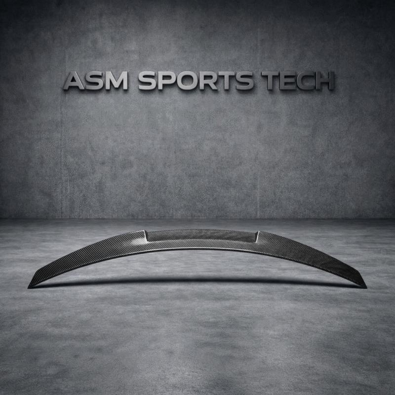 Curved angle of BMW G80/G20 CS Style rear spoiler in carbon fibre, showing V-kick and contoured design