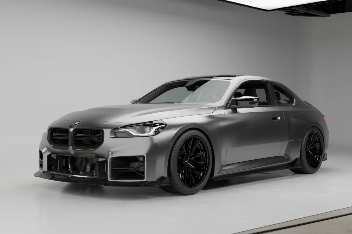 BMW G87 M2 with the full ASM Sports Tech pre-preg carbon fibre body kit, front three-quarter view