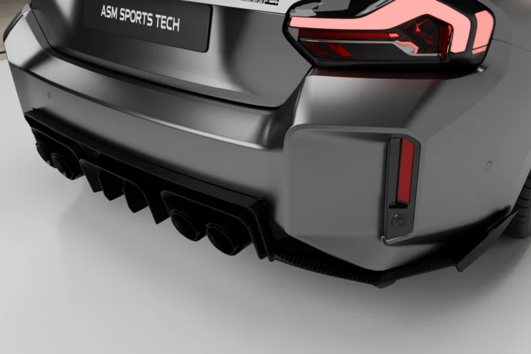close-up of a carbon fibre rear diffusser intalled on a bmw g87 m2
