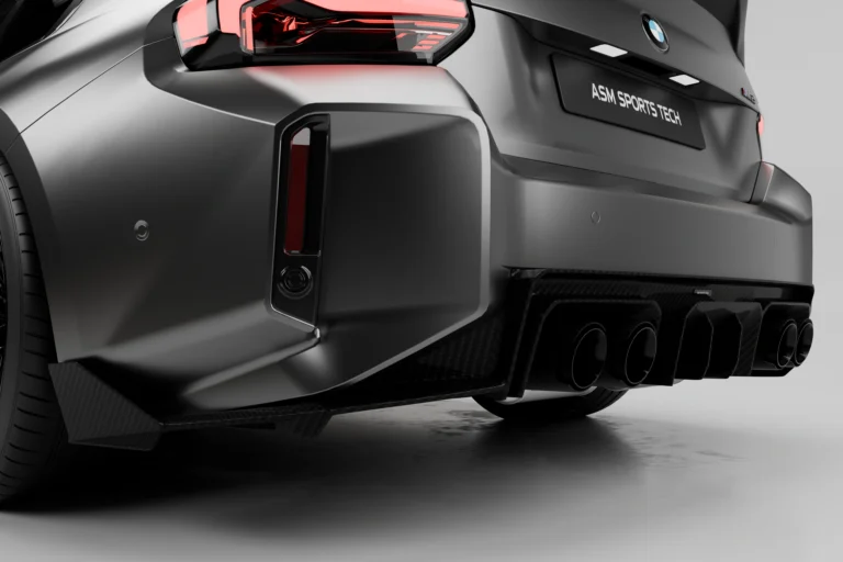 rear angle view of a bmw g87 m2 fitted with a carbon fibre body kit