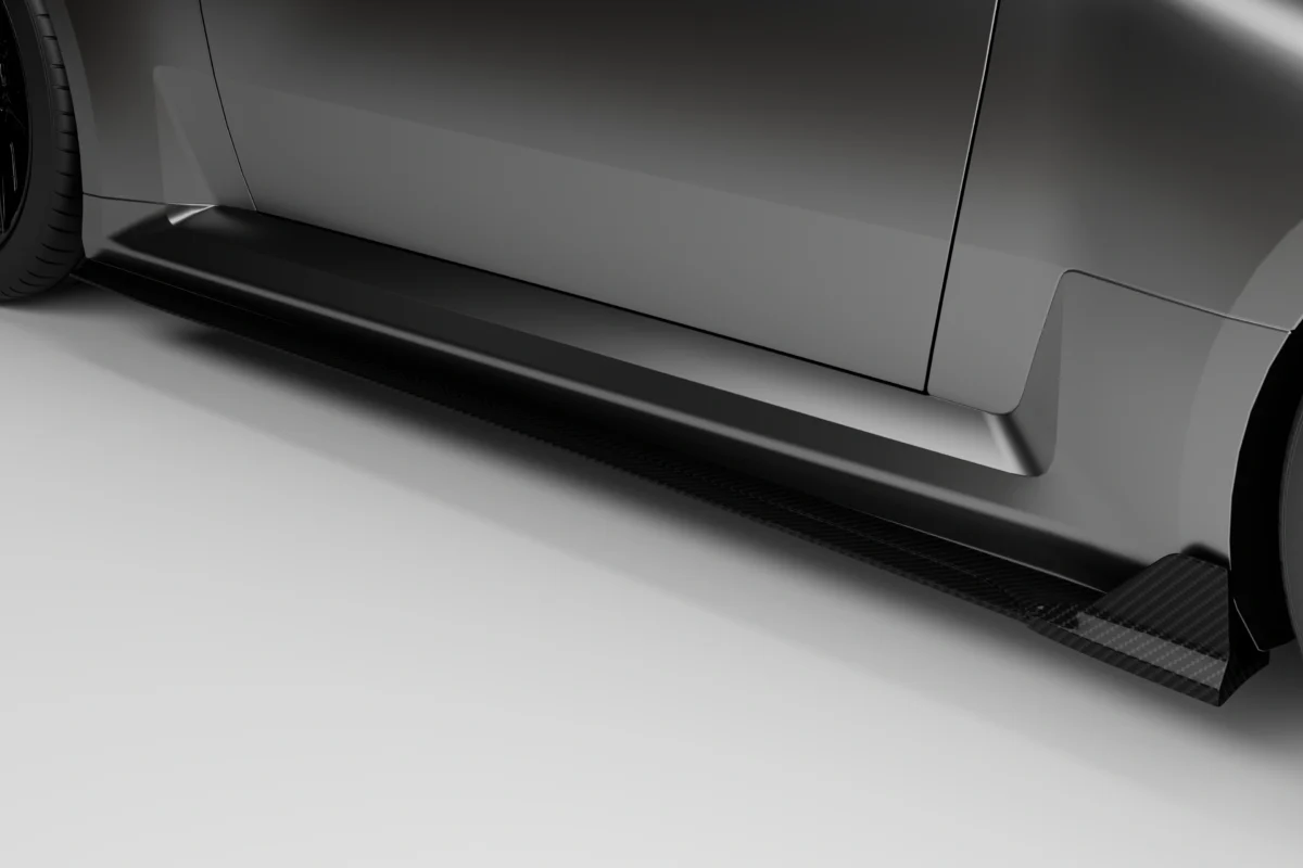 angle view of bmw g87 m2 installed with carbon fibre side skirts