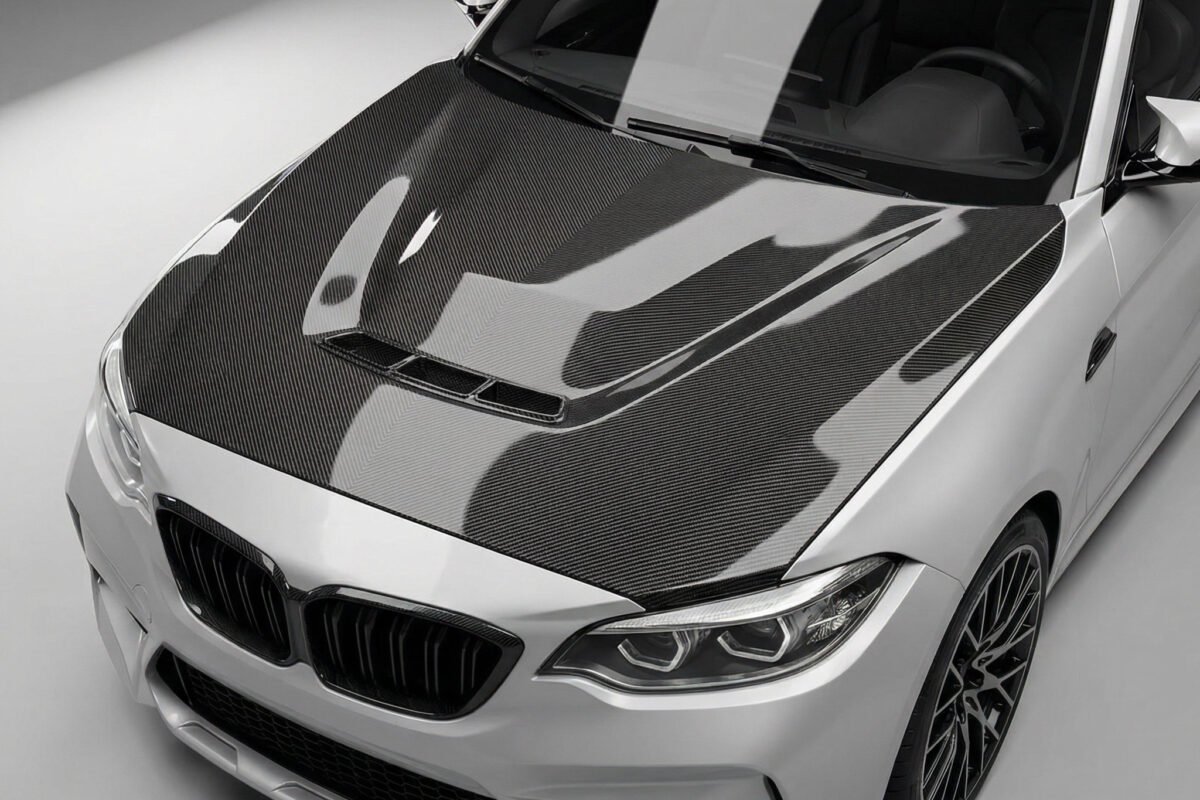 BMW M2 F87 / M2 Competition F22 pre-preg carbon fibre bonnet – top front view with central vent and lightweight profile