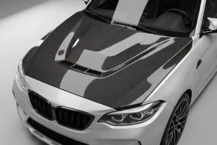 BMW M2 F87 / M2 Competition F22 pre-preg carbon fibre bonnet – top front view with central vent and lightweight profile