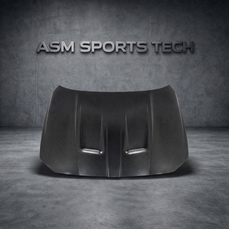 BMW G80 G81 M3 / G82 G83 M4 carbon fibre hood – rear top view showing aggressive vent design and dry carbon texture