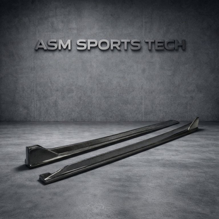 Top view of BMW X5M F95 gloss carbon side skirts – M-style rocker extensions for aggressive side profile