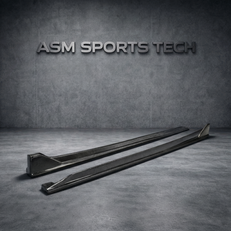 Top view of BMW X5M F95 gloss carbon side skirts – M-style rocker extensions for aggressive side profile