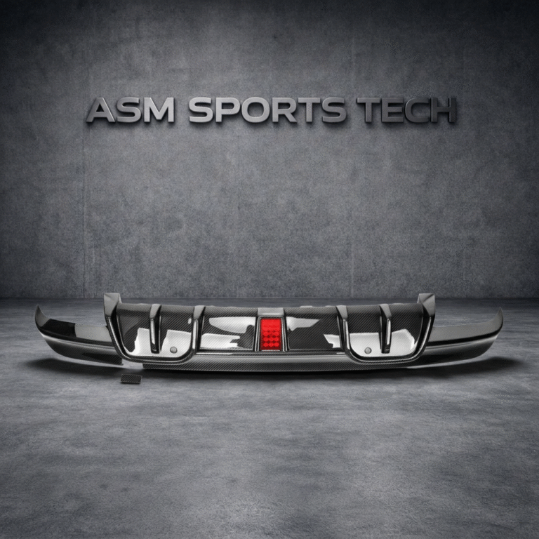 Top view of BMW X5M F95 carbon fibre rear diffuser with brake light