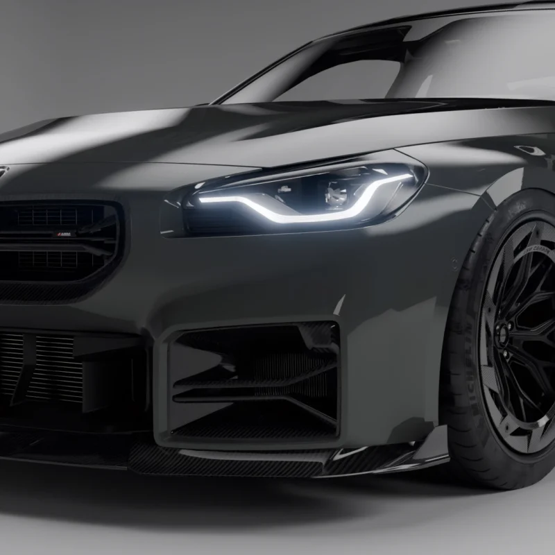 BMW G87 M2 carbon fibre intake ducts front angle view with ASM design bumper grille