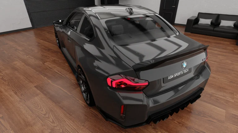 BMW G87 M2 carbon fibre rear diffuser shown from rear three-quarter view with ASM Design rear aero styling