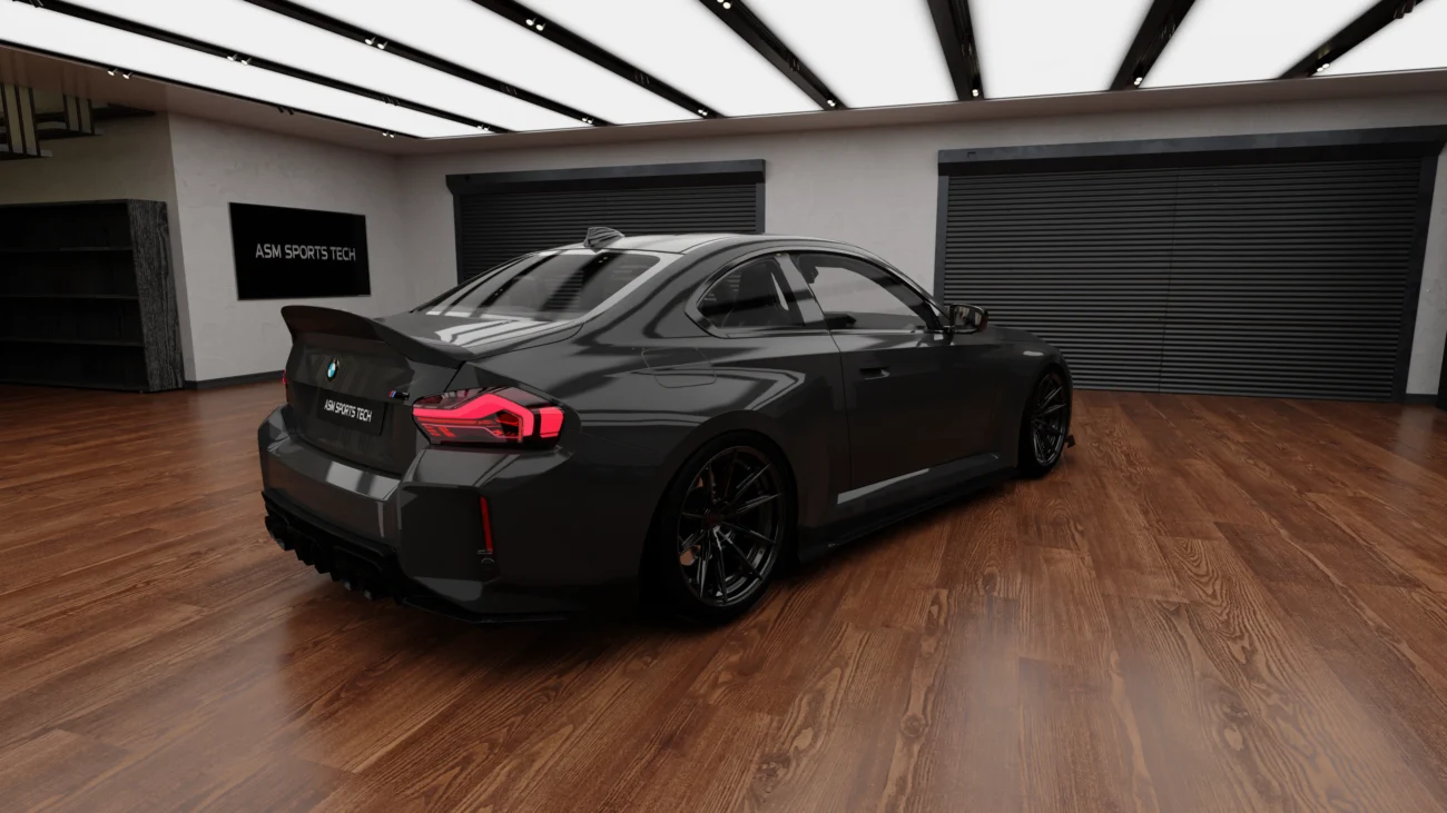 bmw g87 m2 carbon fibre rear spoiler shown from side angle with high ducktail profile and Sports Tech fitment