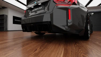 BMW G87 M2 dry carbon fibre rear diffuser by ASM Design showing OEM+ lower rear valance integration