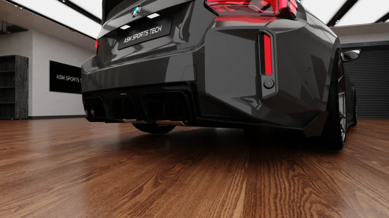 BMW G87 M2 dry carbon fibre rear diffuser by ASM Design showing OEM+ lower rear valance integration
