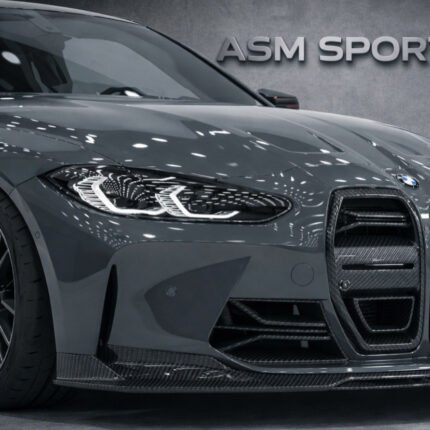 Front view of grey BMW M4 G82/G83 fitted with ASM carbon fibre bumper ducts and air intake grilles