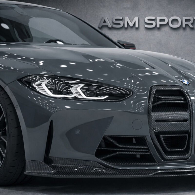 Front view of grey BMW M4 G82/G83 fitted with ASM carbon fibre bumper ducts and air intake grilles