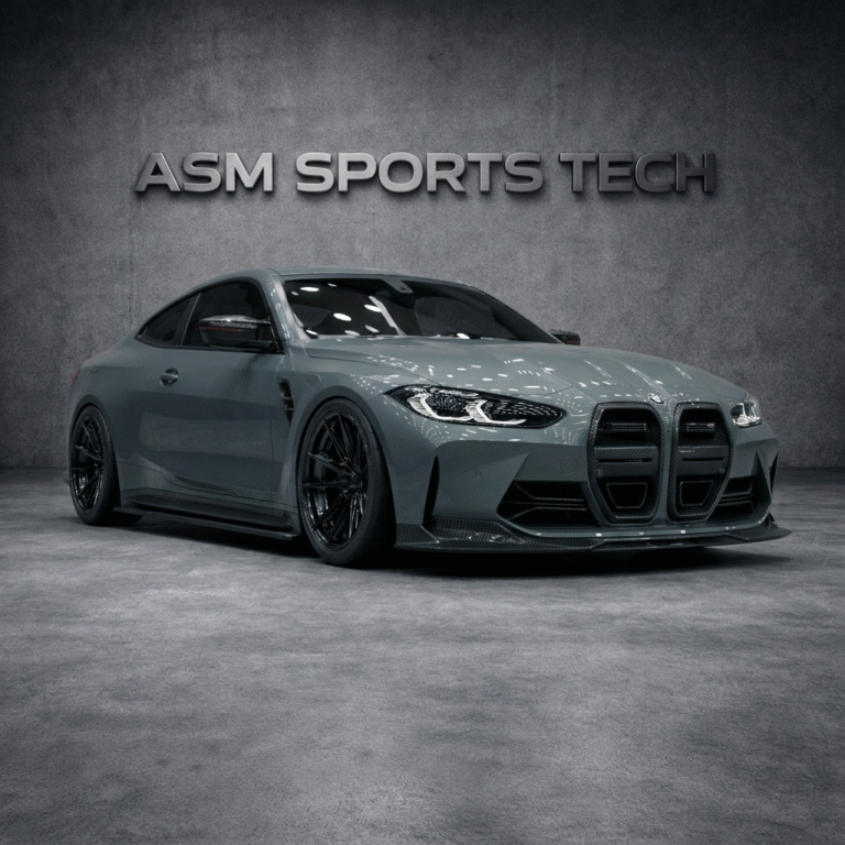 Full carbon fibre body kit BMW G82 M4 view highlighting carbon splitter and wheels
