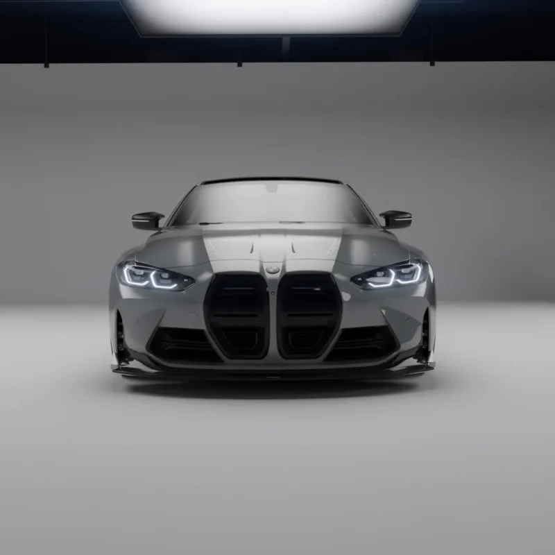 Aggressive front view of BMW M4 G82 with full carbon aero