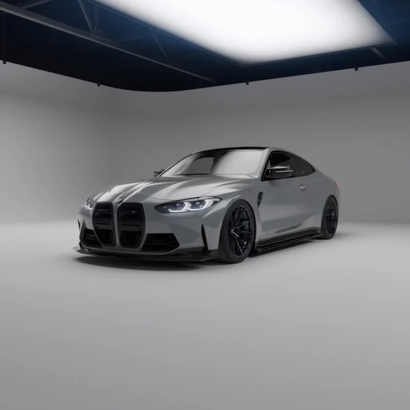 Side-front view highlighting carbon splitter and wheels