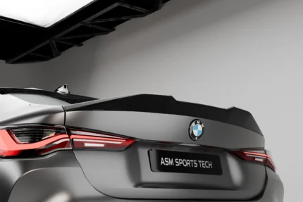 BMW M4 G82 and 4 Series G22 pre-preg carbon fibre rear spoiler by ASM Sports Tech showing OEM+ boot lid fitment