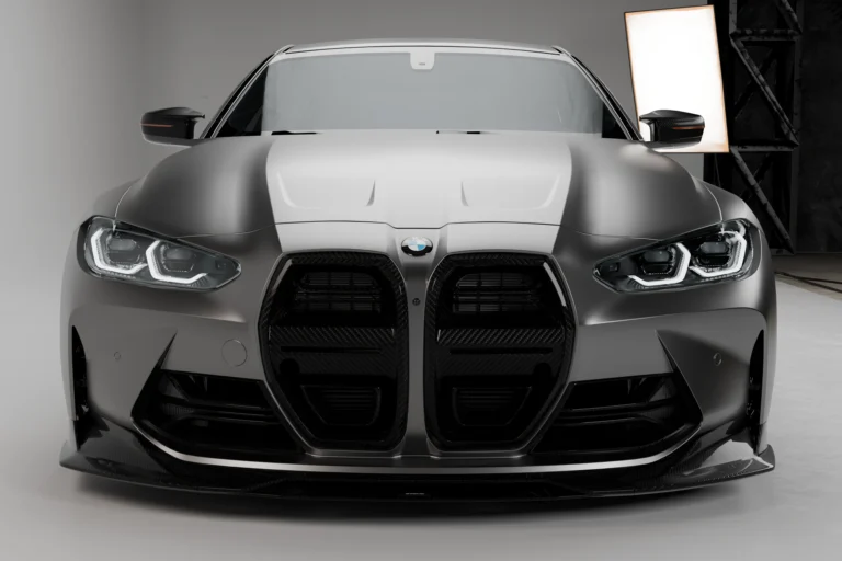 BMW M4 G82 G83 carbon bumper ducts full front view showing sharper front bumper detail and carbon fibre styling