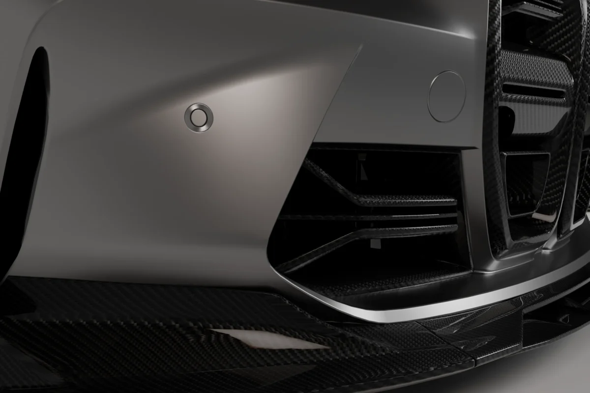 BMW M4 G82 G83 carbon fibre bumper ducts by ASM Sports Tech showing OEM+ front bumper fitment