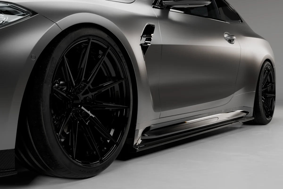 BMW M4 G82 G83 carbon fibre side skirt extensions by ASM Sports Tech showing OEM+ lower side profile fitment