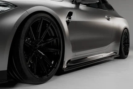 BMW M4 G82 G83 carbon fibre side skirt extensions by ASM Sports Tech showing OEM+ lower side profile fitment