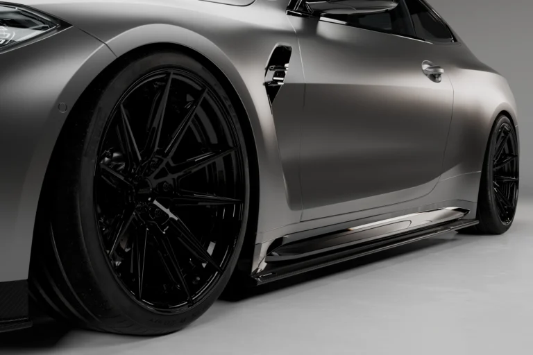BMW M4 G82 G83 carbon fibre side skirt extensions by ASM Sports Tech showing OEM+ lower side profile fitment
