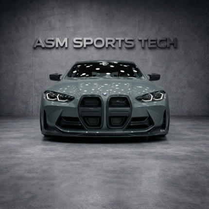 BMW M4 G82/G83 finished in grey fitted with ASM Dry Pre-Preg Carbon Fibre Front Splitter Lip – angled front view