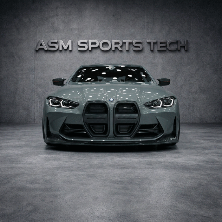 BMW M4 G82/G83 finished in grey fitted with ASM Dry Pre-Preg Carbon Fibre Front Splitter Lip – angled front view