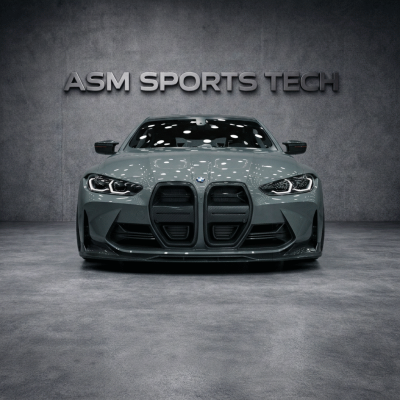 BMW M4 G82/G83 finished in grey fitted with ASM Dry Pre-Preg Carbon Fibre Front Splitter Lip – angled front view
