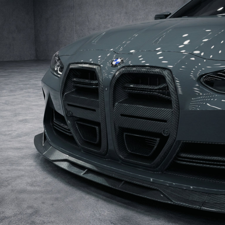 Angled close-up of carbon fibre front kidney grille on BMW M4 G82/G83 by ASM Sports Tech