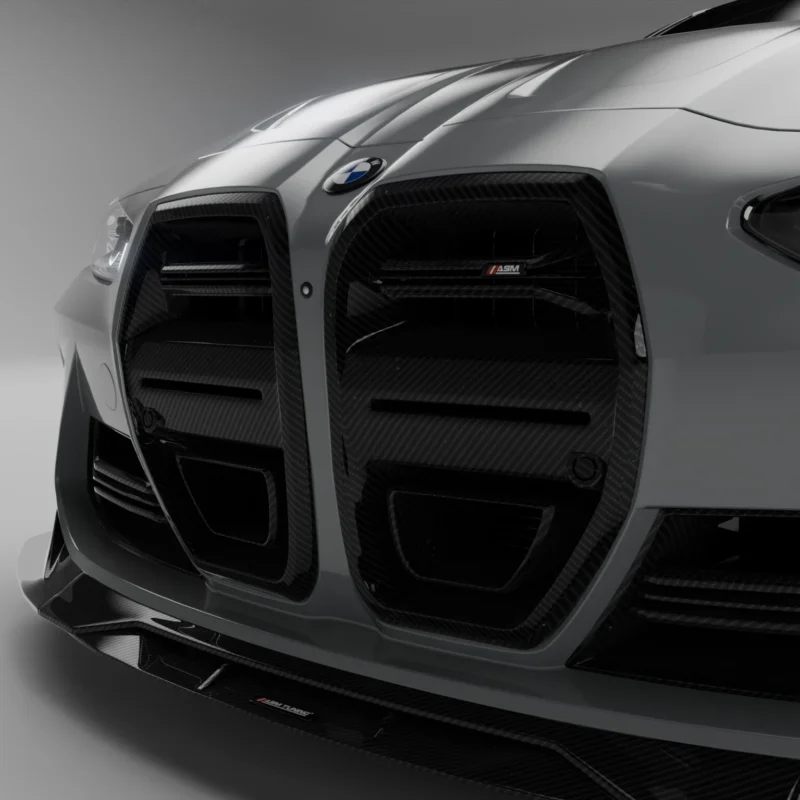 Angled close-up of carbon fibre front kidney grille on BMW M4 G82/G83 by ASM Design