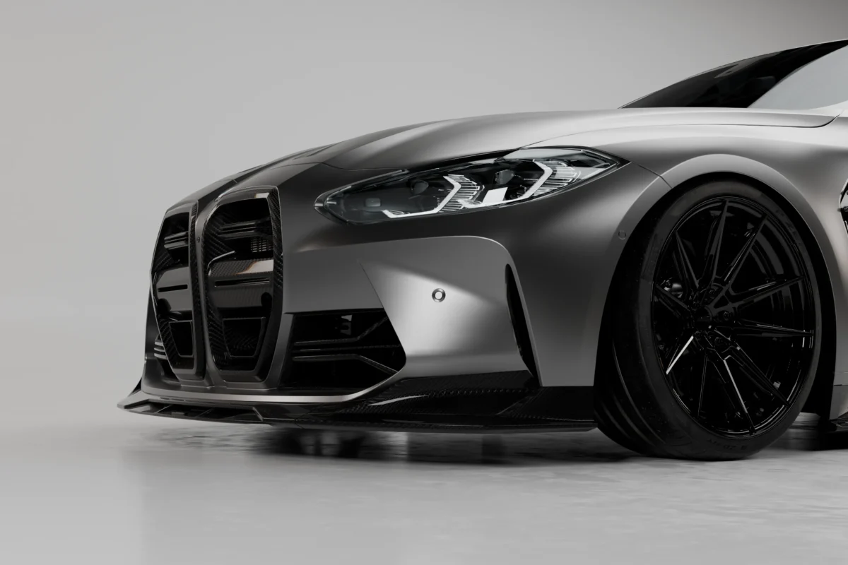 BMW M4 G82 G83 dry pre-preg carbon fibre front splitter lip by ASM Sports Tech showing OEM+ lower front bumper fitment