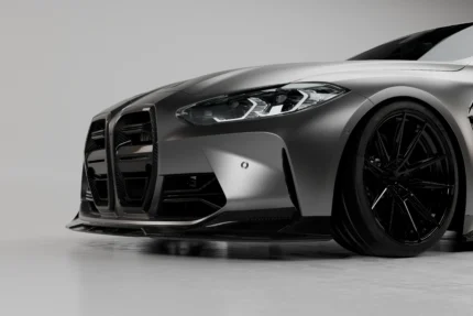 BMW M4 G82 G83 dry pre-preg carbon fibre front splitter lip by ASM Sports Tech showing OEM+ lower front bumper fitment