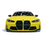 ront close-up of yellow BMW M4 G82/G83 showing ASM carbon fibre front splitter and kidney grilles