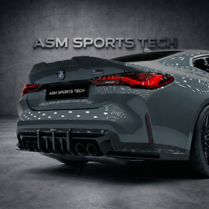 Side rear angle of grey BMW M4 G82 with ASM dry carbon fibre rear diffuser fitted