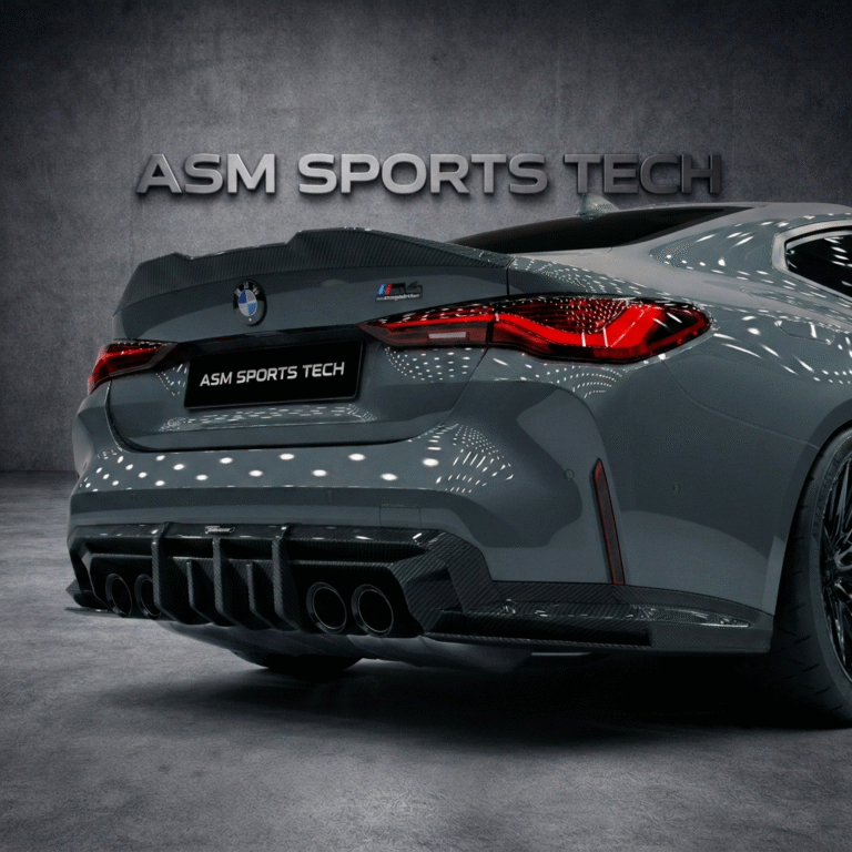 Side rear angle of grey BMW M4 G82 with ASM dry carbon fibre rear diffuser fitted