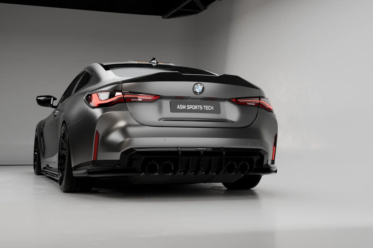 BMW M4 G82 G83 dry carbon fibre rear diffuser installed showing complete ASM Sports Tech rear aero direction