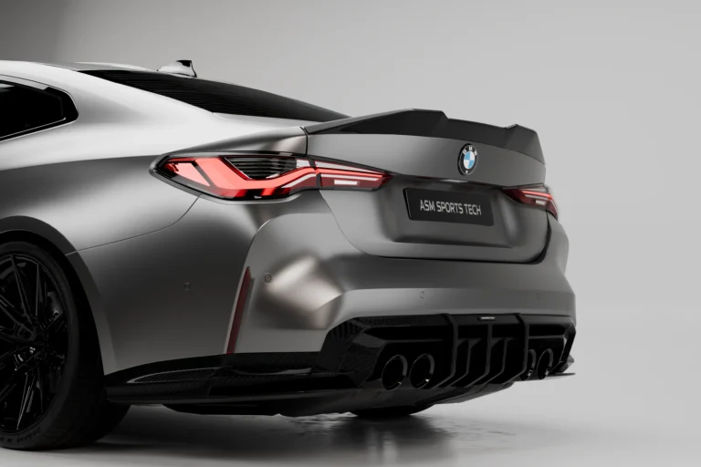 BMW M4 G82 G83 dry pre-preg carbon fibre rear diffuser by ASM Sports Tech showing OEM+ lower rear valance integration