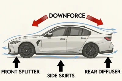 What Makes A Good Aero Kit? 7 Key Factors Side View Of A Bmw With Airflow And Downforce Arrows Showing Balanced Aerodynamics From Front Splitter, Side Skirts, And Rear Diffuser
