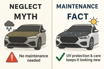 Infographic Comparing A Faded, Neglected Carbon Fibre Hood Versus A Well-Maintained Hood Protected With Uv Coating, Illustrating The Importance Of Carbon Fibre Maintenance 