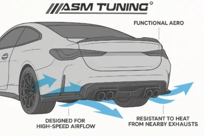 Diagram Showing How A Carbon Fiber Rear Diffuser Improves High-Speed Airflow And Adds Downforce While Resisting Heat From Exhausts